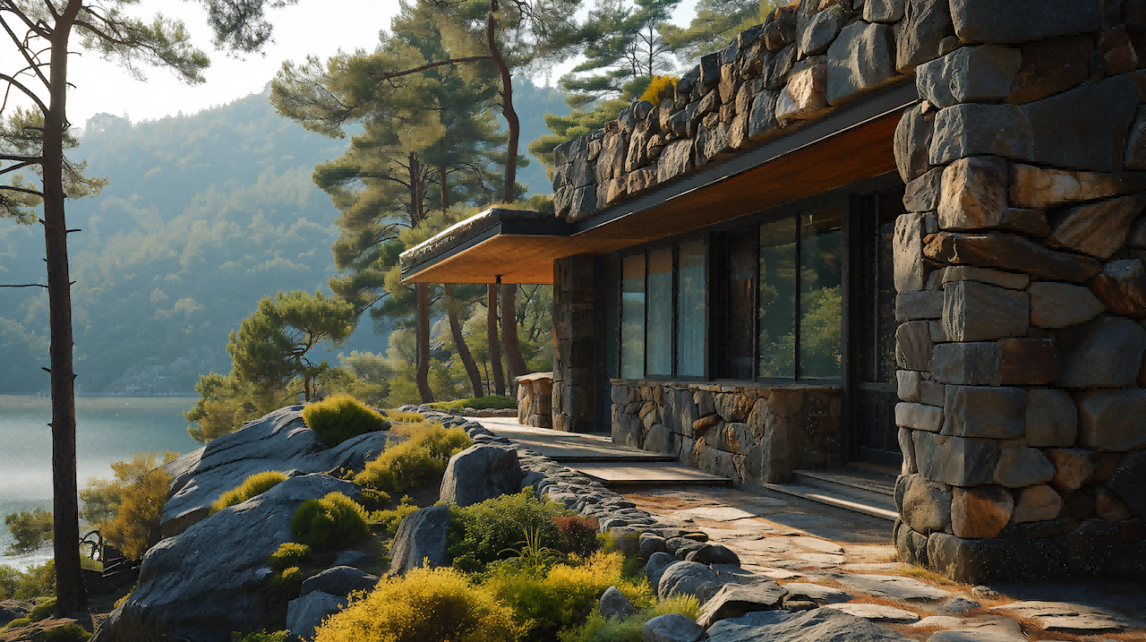 laoliwanyaogun_a_stone_house_lake_bank_with_forest_behind_it_in_f0a570ca-8e0d-476c-961a-52e6561149b5.png